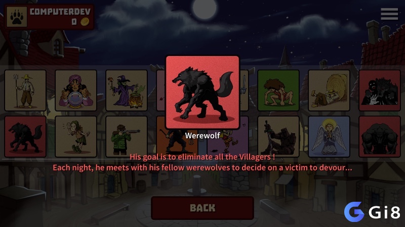 Giao diện trong game werewolf online, tựa game khá phổ biến trong cộng đồng game thủ yêu thích thể loại này.